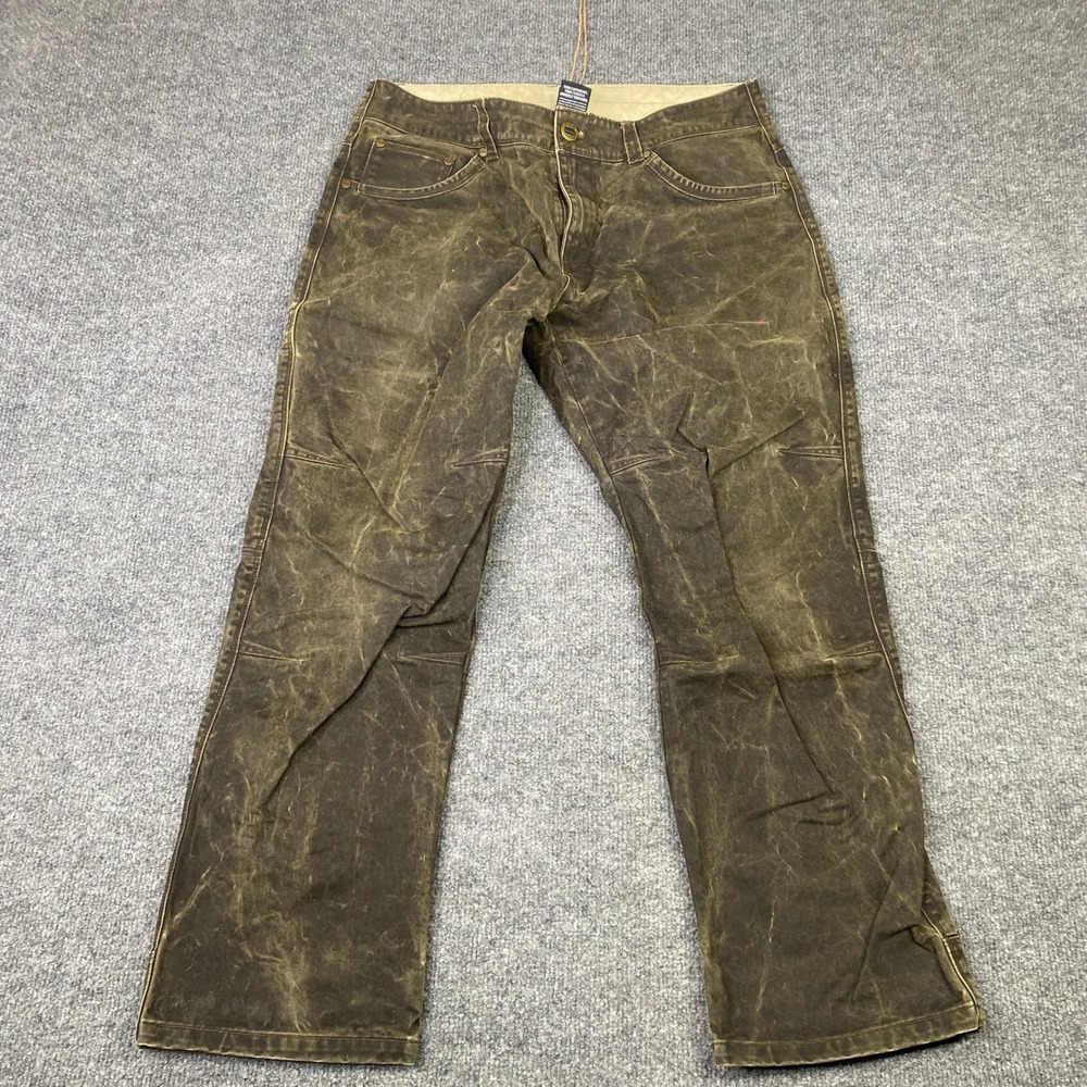 KUHL Rydr Mens Pants 33x28 Brown Waxed Look Cotton Twill Articulated Work Hiking